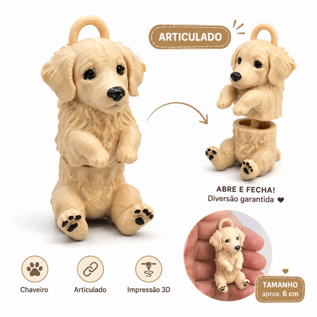 Chaveiro Cachorrinho Articulado Fofo Colecionável com Corrente e Argola Premium 7cm