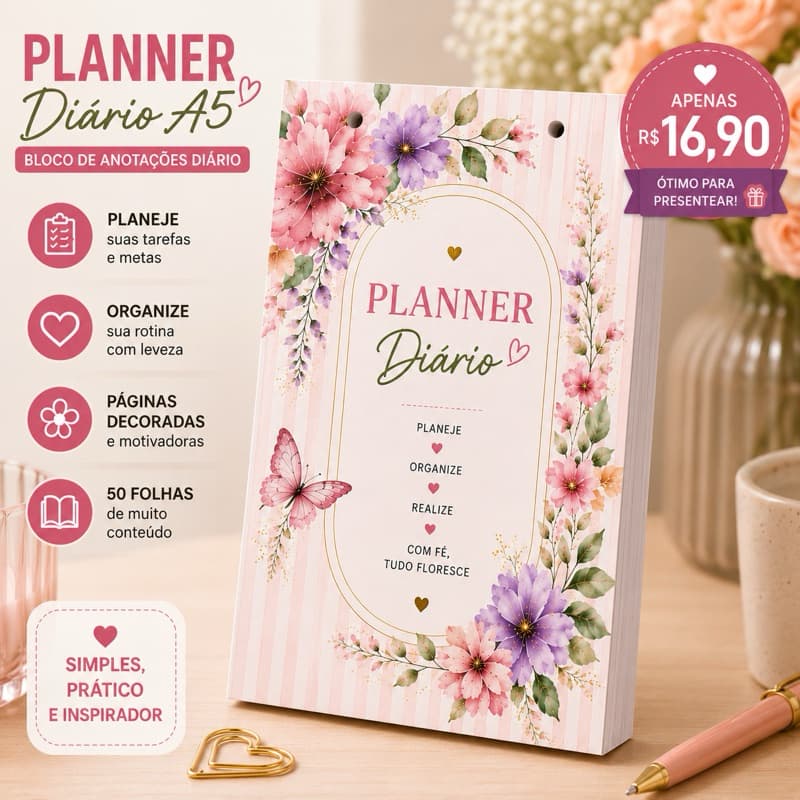 ⁠Planner Diario Blocado A5 Bloco De Notas Anotacoes Agenda Sem Data Organizada Feminina Rose⁠