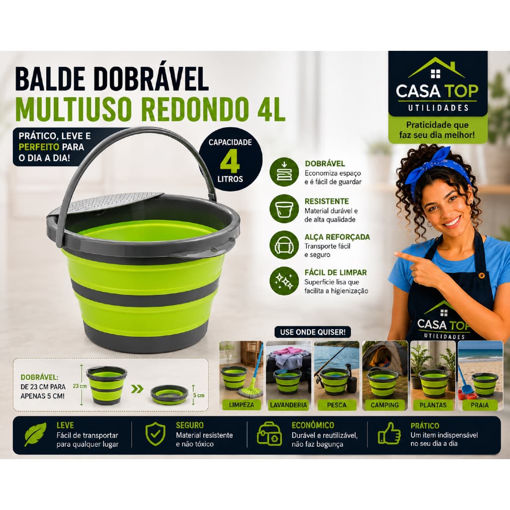 Balde Dobrável Multiuso Resistente Compacto Portátil 4 Litros Uso Interno Externo