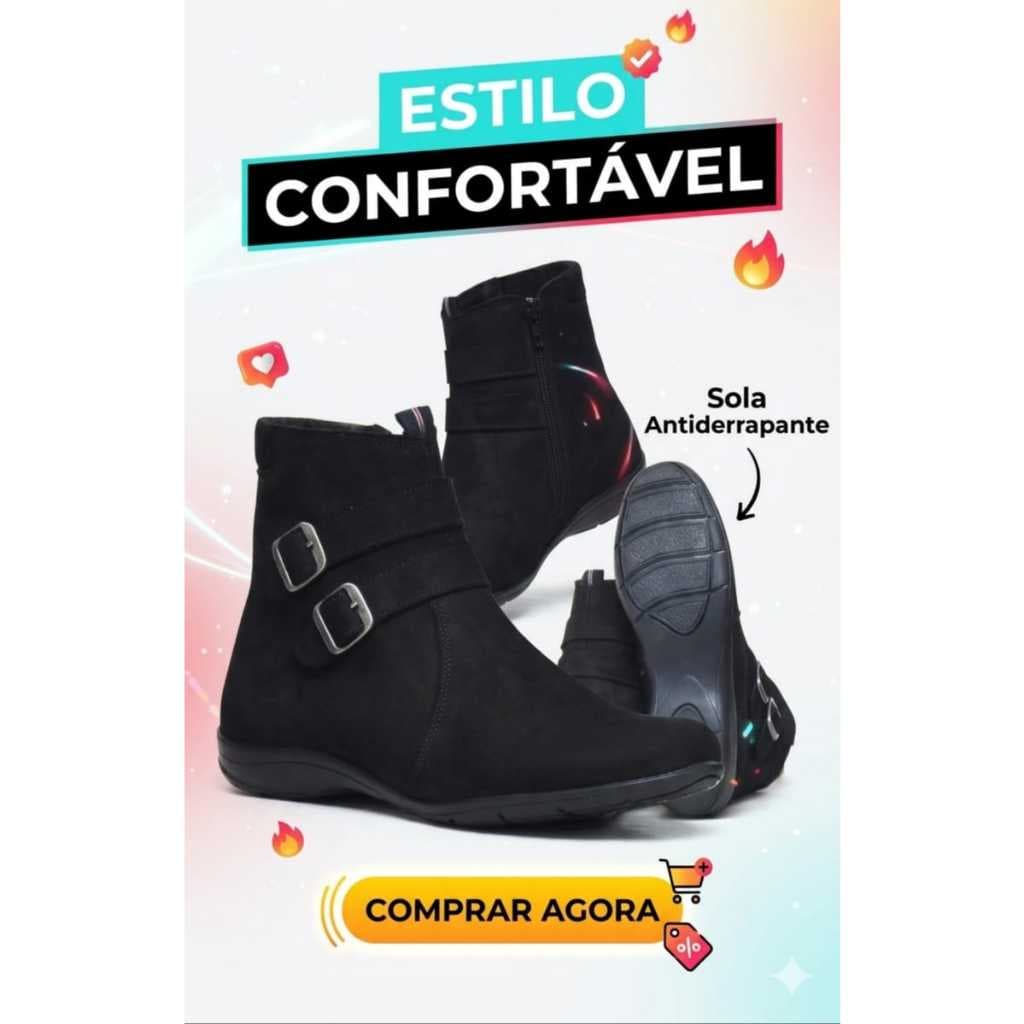Bota Feminina Botinha Rasteira Cano Curto Detalhes de Fivelas, Bota Coturno Feminino Confortável