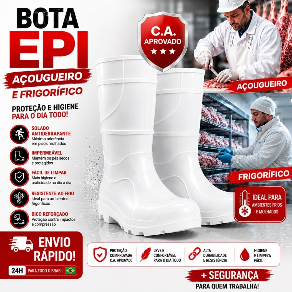 Bota Galocha PVC Branca EPI Açougue Frigorífico Antiderrapante Impermeável CA Aprovado Envio Rápido!