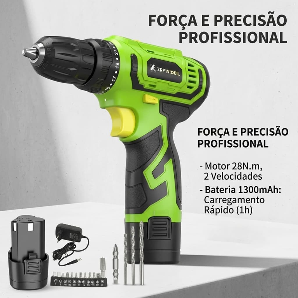 Electric Drill Elétrica Sem Fio profissional Parafusadeira/Furadeira Broca 1300mAh 12V 1 Bateria 2 Velocidades
