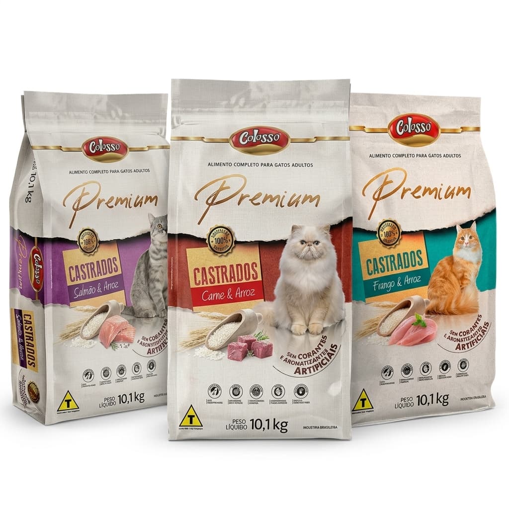 Ração para Gatos Castrados Premium Colosso 10kg Frango Carne Salmão com Arroz