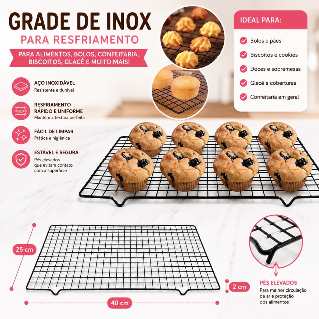 Grade Inox 40x25cm Para Resfriar Alimentos Bolos Biscoitos Confeitaria Glacê Antiaderente