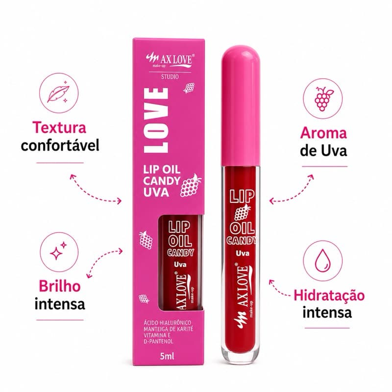 Gloss Labial Candy Max Love – Hidratante – Brilho Espelhado – Aroma de Frutas – Lip Oil
