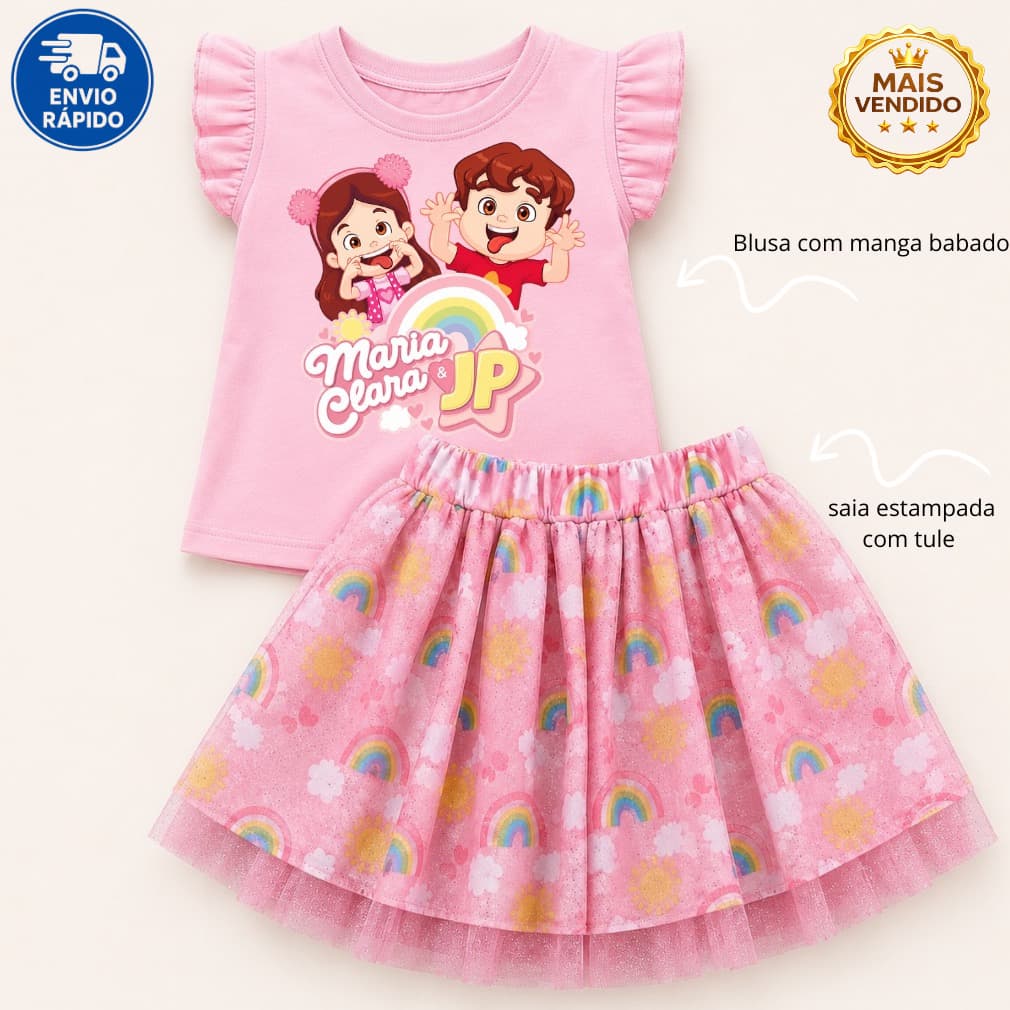 Conjunto Infantil Maria Clara e JP Menina Rosa Blusa Babado Saia Tule Arco Íris Moda 1 a 10 Anos Luxo