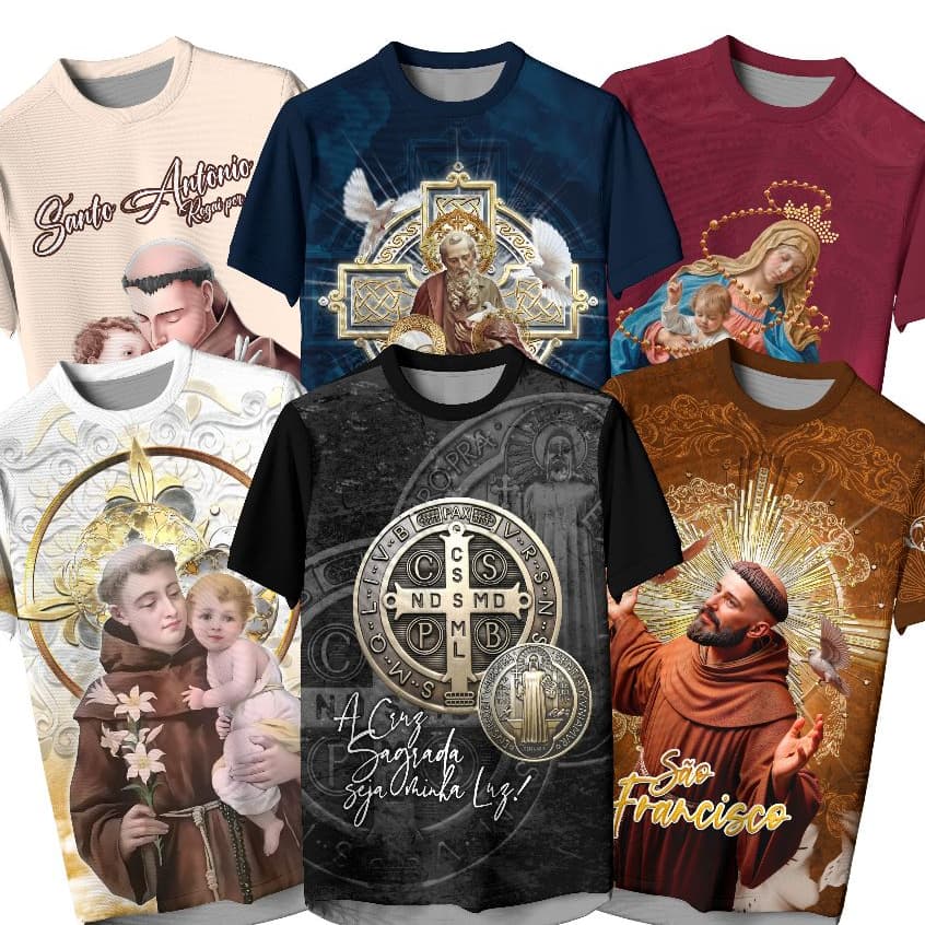 Camiseta Católica Sublimada Santos Religiosa Masculina Premium Gospel missa