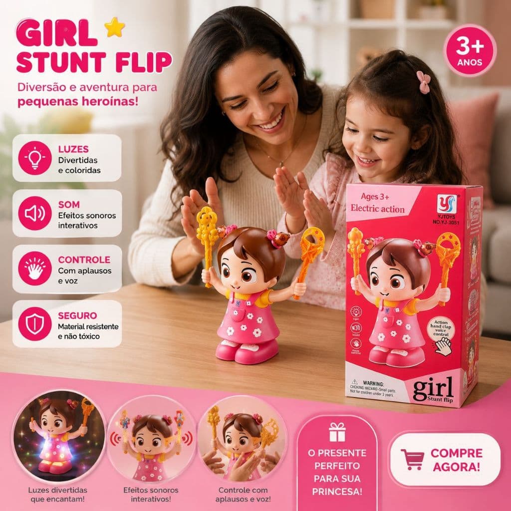 Boneca Elétrica Girl Stunt Flip com Luz, Som e Controle