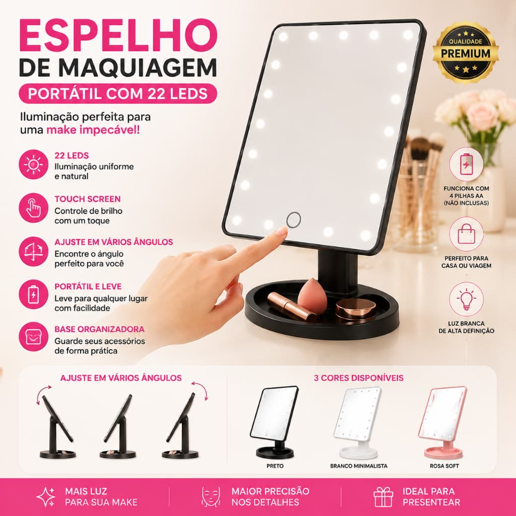 Espelho de Maquiagem com 22 LEDs e Tela Sensível ao Toque Ajustável para Mesa 3 Cores
