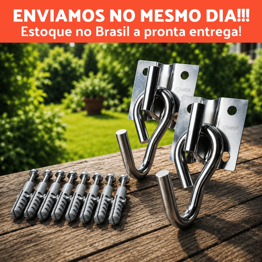Kit Par de Gancho Armador De Rede De Balanço Aço Reforçado até 250kg Para Fixação C/ 8 Parafusos E Buchas Ou Chumbadores