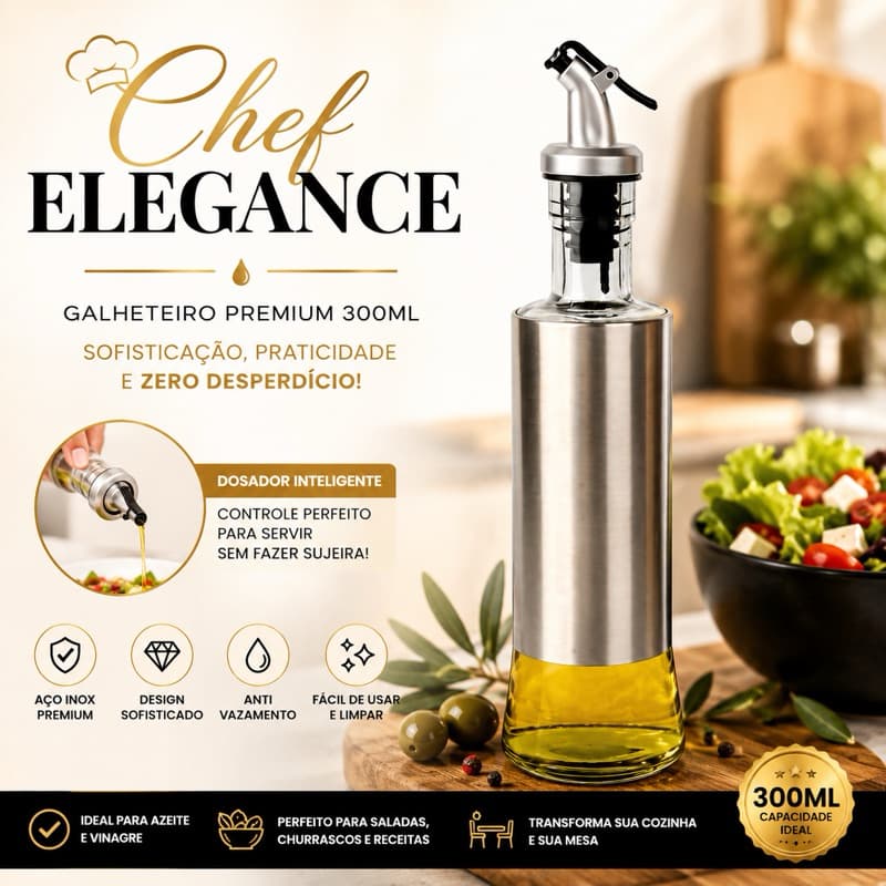 Galheteiro Dosador Azeite Vinagre 300ml Vidro Inox Dispenser Cozinha Gourmet