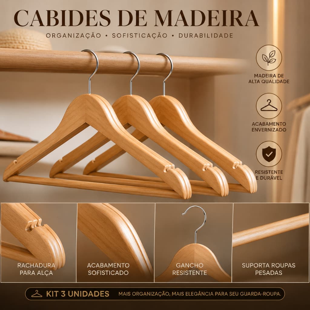 Kit 3-6-9 ou12 Cabides de Madeira com Rachadura para Alça Antideslizante Premium Organizador de Roupas Closet