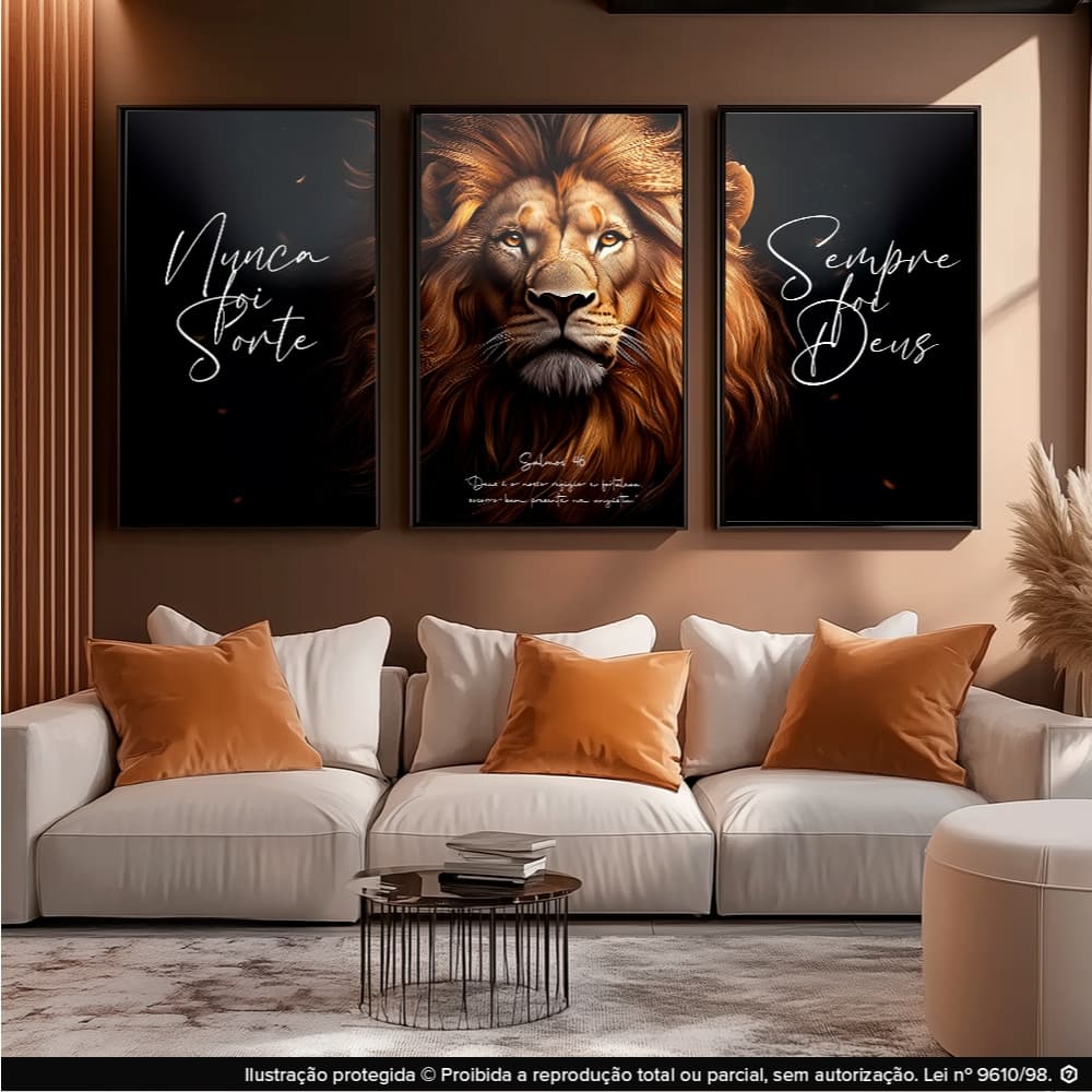 Quadros Decorativos Leão de Judá Nunca Foi Sorte Sempre Foi Deus Moderno 122x60