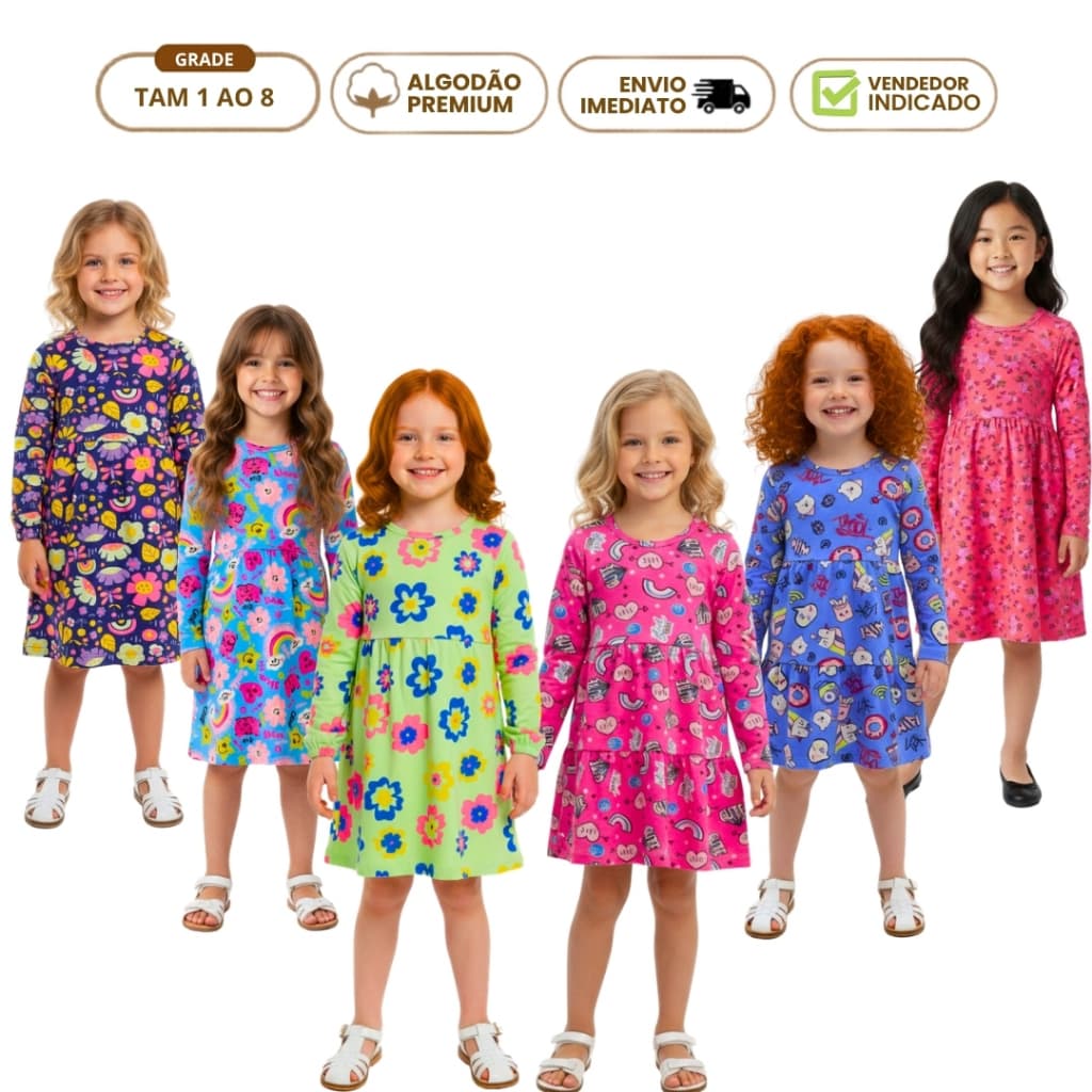 Kit 2 Vestido Ministério Infantil Inverno Manga Longa Frio Meia Estação Moda Menina Blogueira Algodão 1 ao