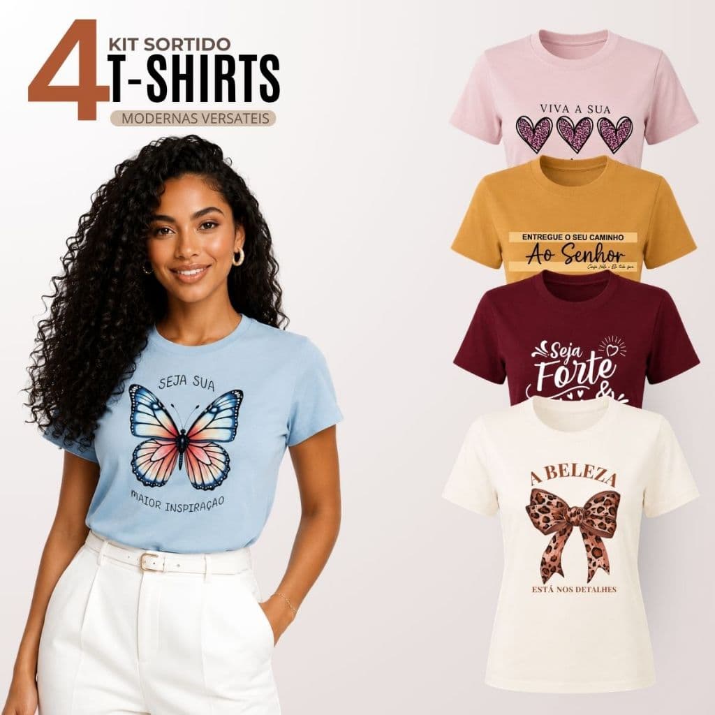 Kit 4 Blusas Feminina Baby Look Gola Redonda Manga Curta 100% Algodão Premium