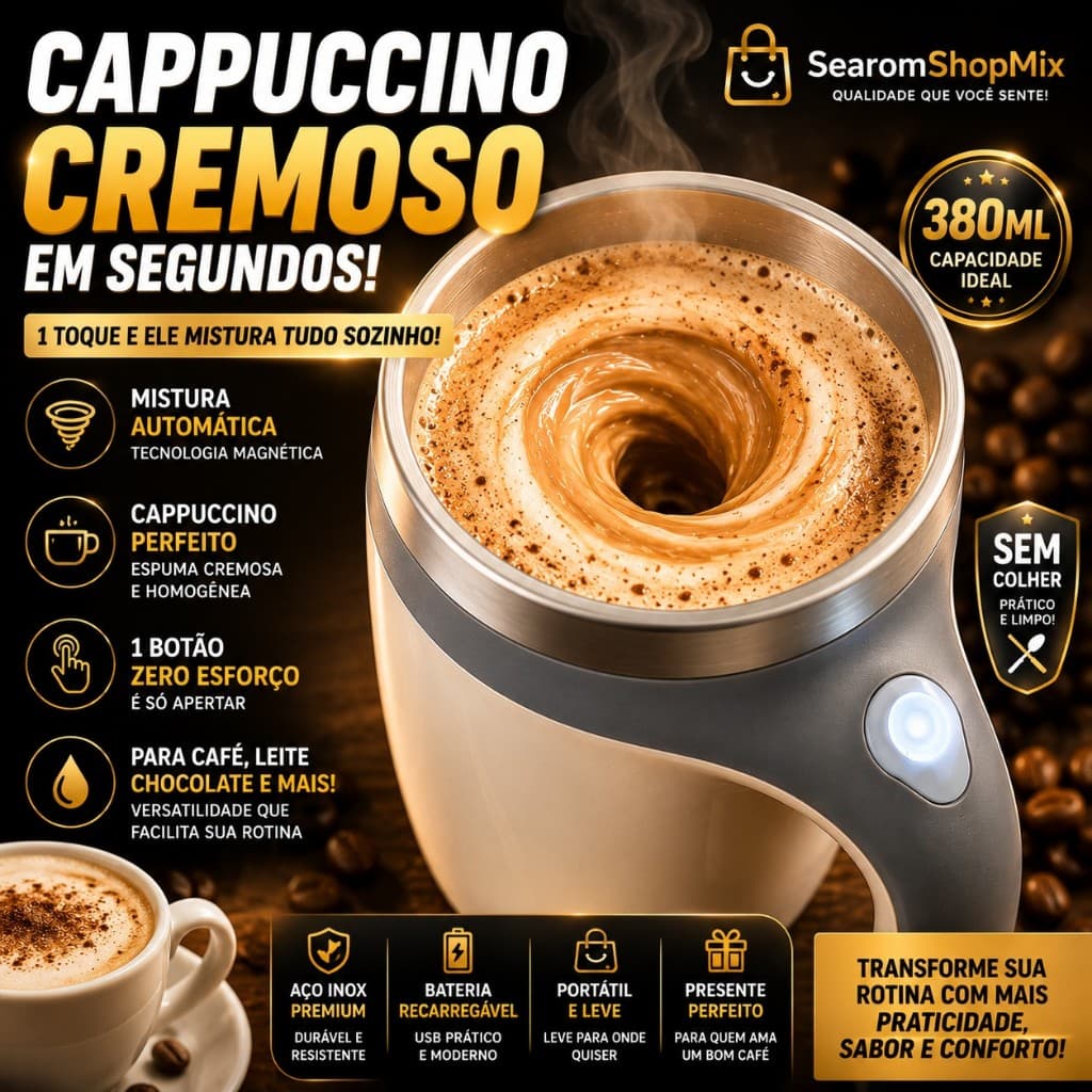 Caneca Mixer Automática Elétrica Inox 380ml | Mistura Café Sozinha
