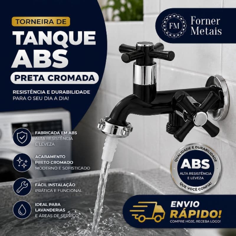 Torneira Para Tanque e Maquina de Lavar em ABS  1/4 De Volta Com 2 Saídas Preta C31