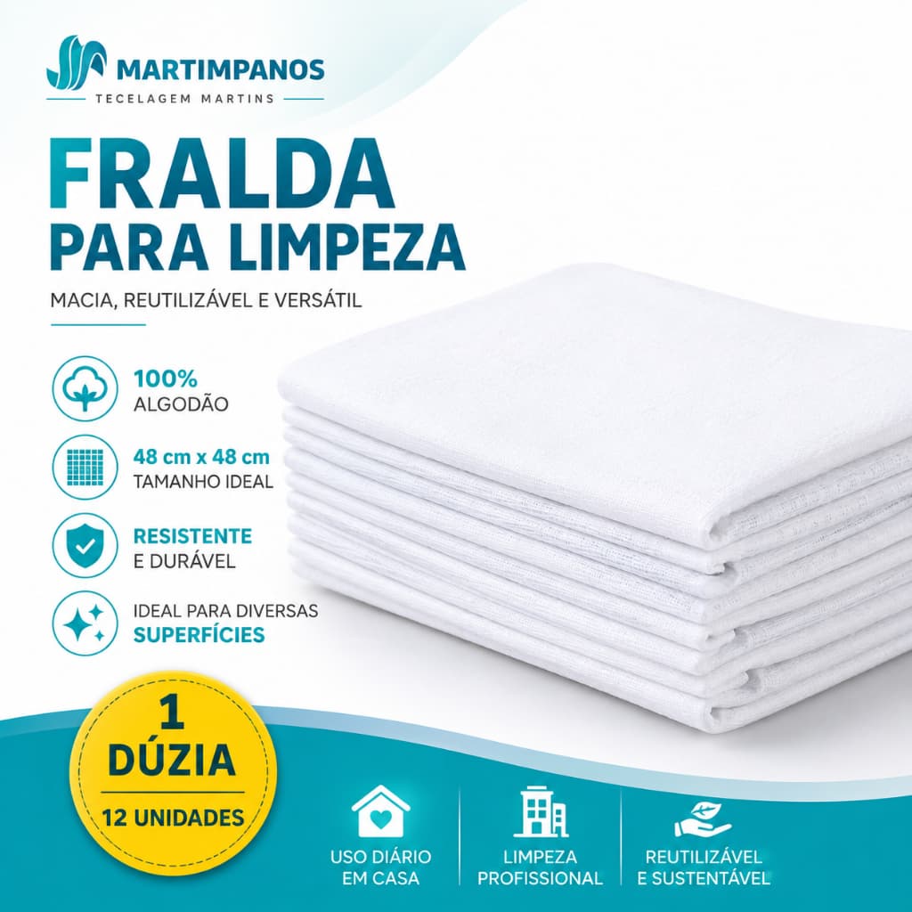 1 Dúzia Pano tipo Fralda para Limpeza 48cm x 48cm 100% Algodão