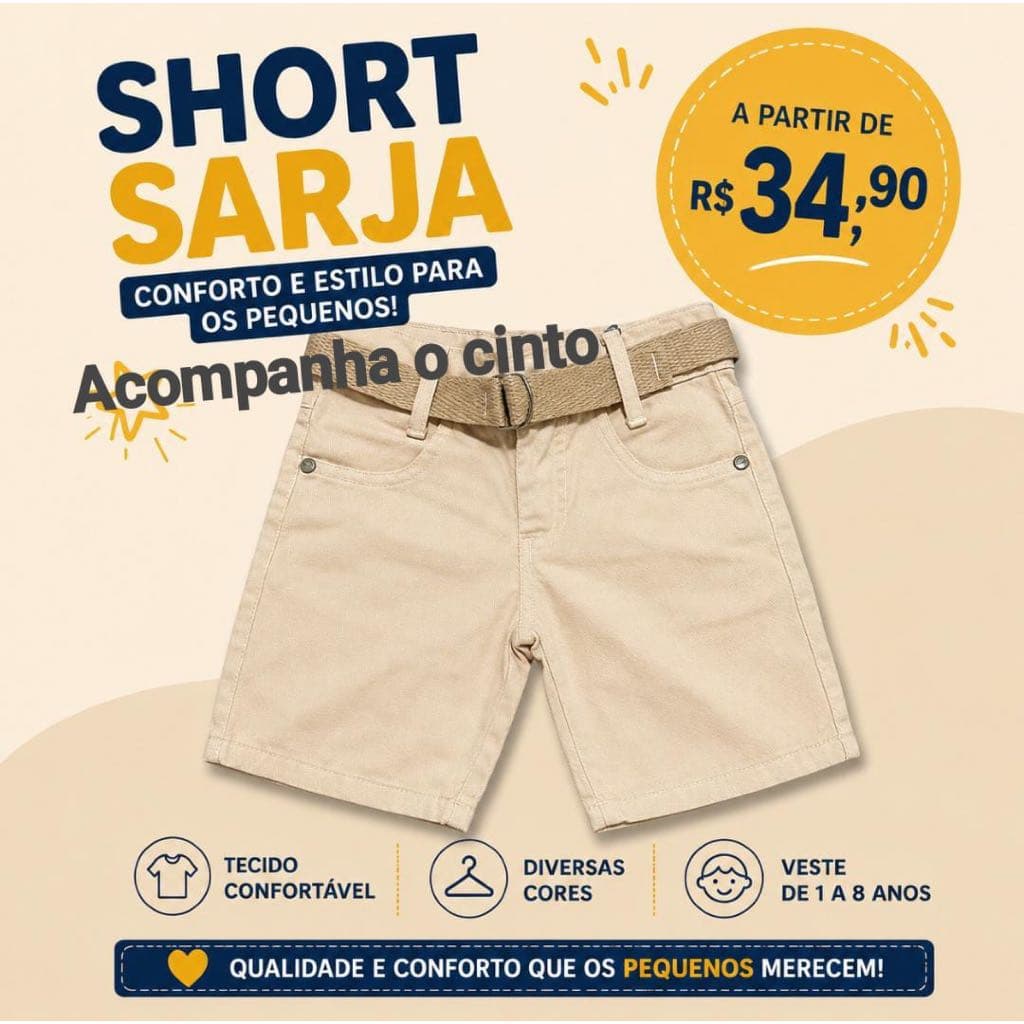 Bermuda infantil sarja brim short mauricinho menino + cinto da mesma cor qualidade premium social lazer