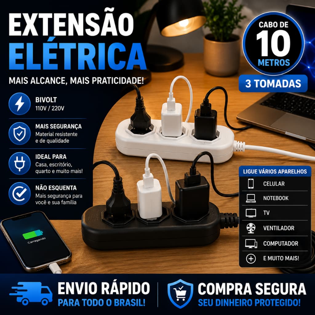 Extensão Elétrica Fiolux Grande Cabo 10 Metros Bivolt 3 Tomadas/Entradas 10A Resistente e Seguro