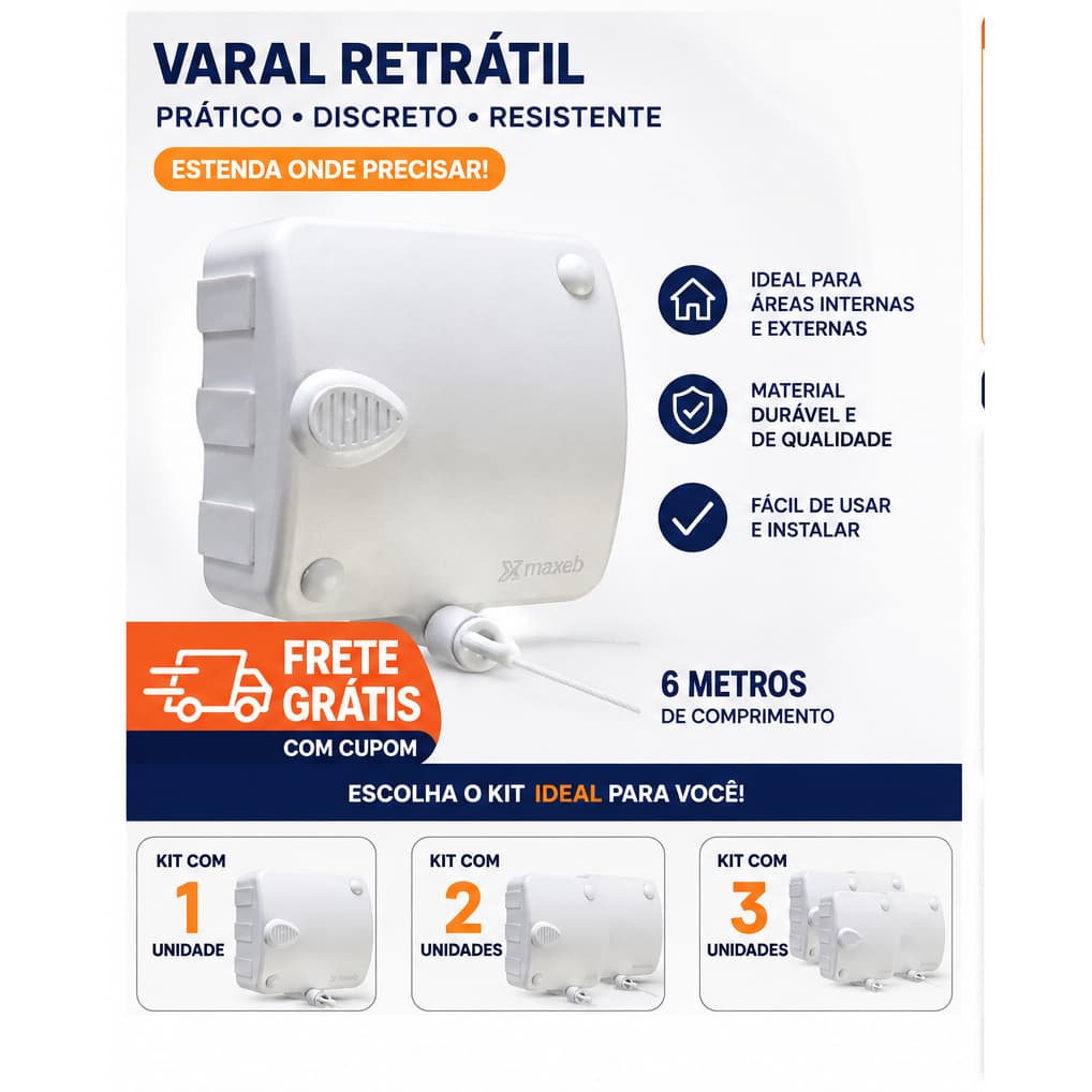 Varal Retratil Compacto Modular Alta Capacidade Secagem Pratico Facil Instalar 6M kits 1- 2- 3