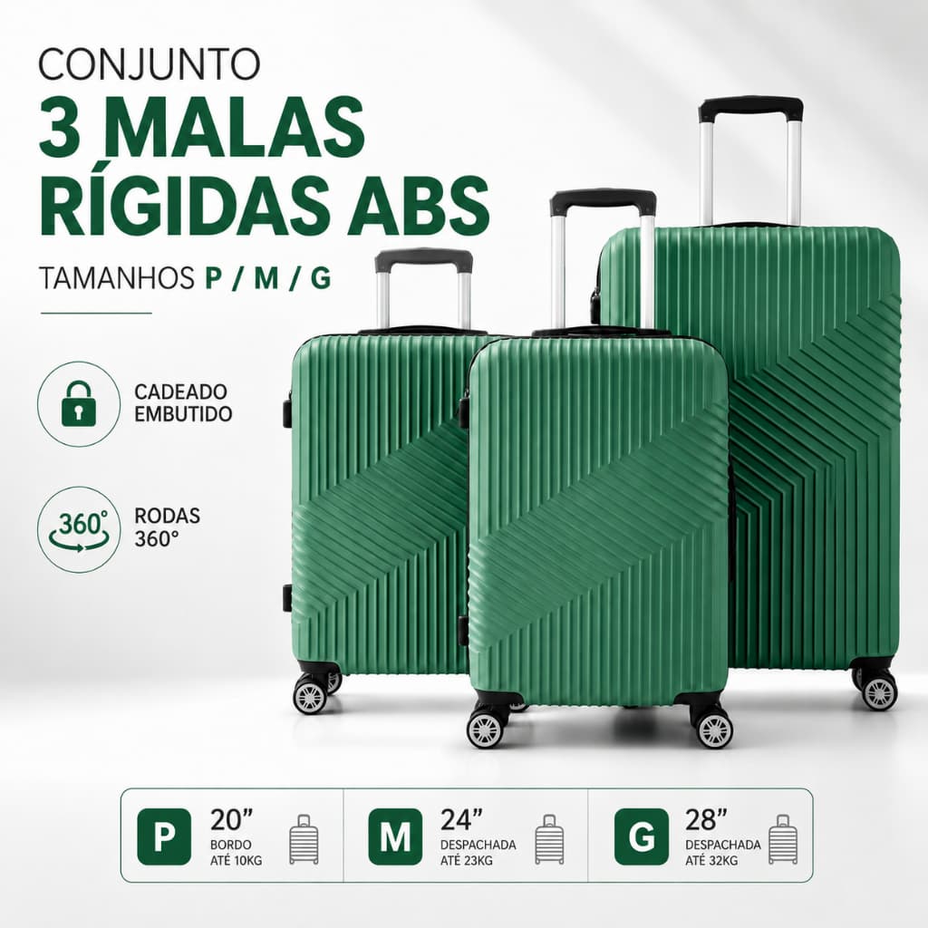 Conjunto 3 Malas Rígidas ABS P/M/G com Cadeado Numérico e Rodas 360°