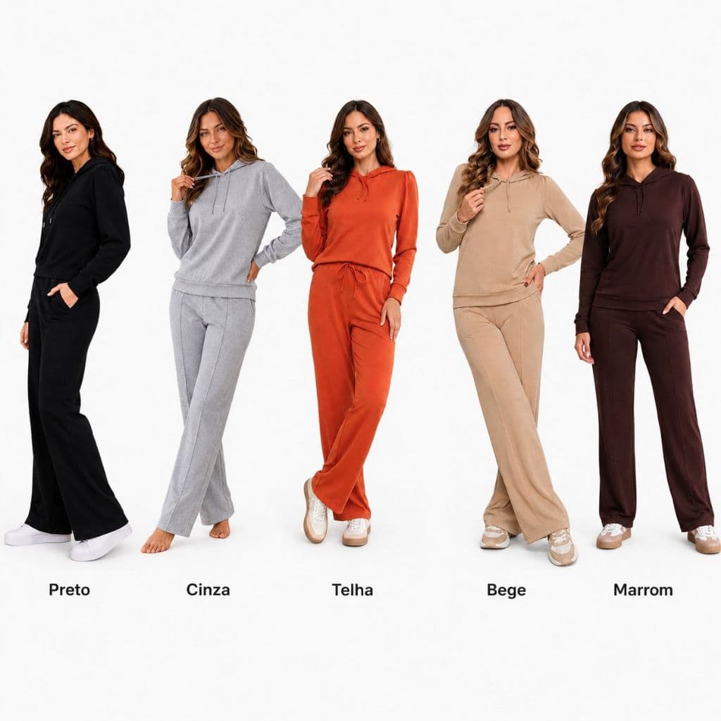 Conjunto Feminino Moletinho com Capuz Manga Longa Calça Pantalona Cintura Elástica Outono Inverno