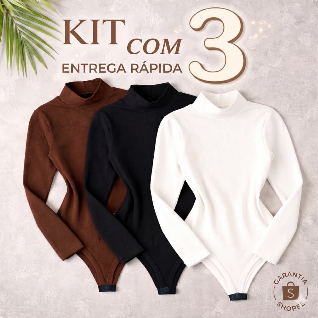 Body Bory Canelado Blusa Manga Longa Feminina Kit C/3 Unidades