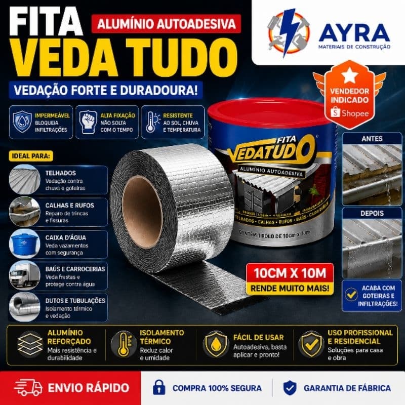 Fita de Alumínio Autoadesiva Dryko 10cm x 10m | Vedação Impermeável para Telhados, Calhas e Dutos