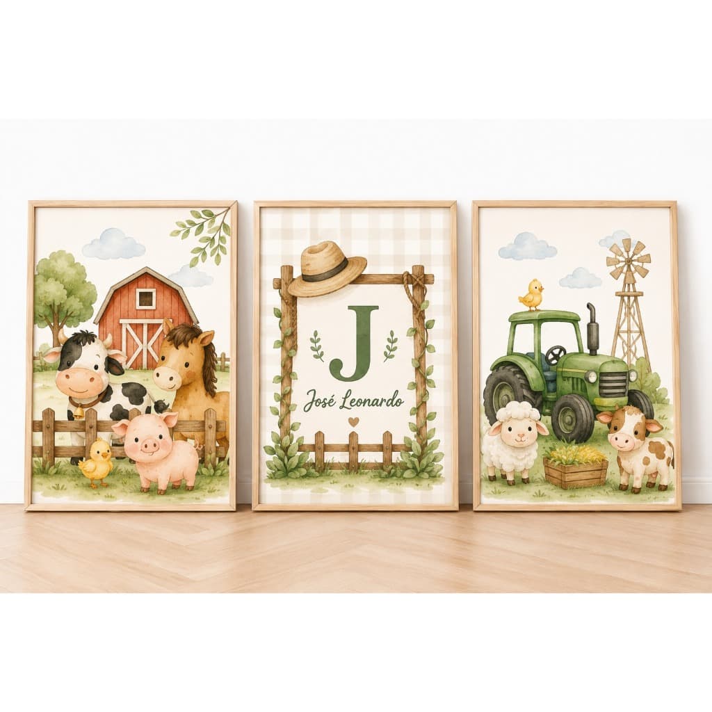 Quadros Decorativos Fazendinha Nome Personalizado Infantil Menino Porco Galinha Trator Fazenda Vaca