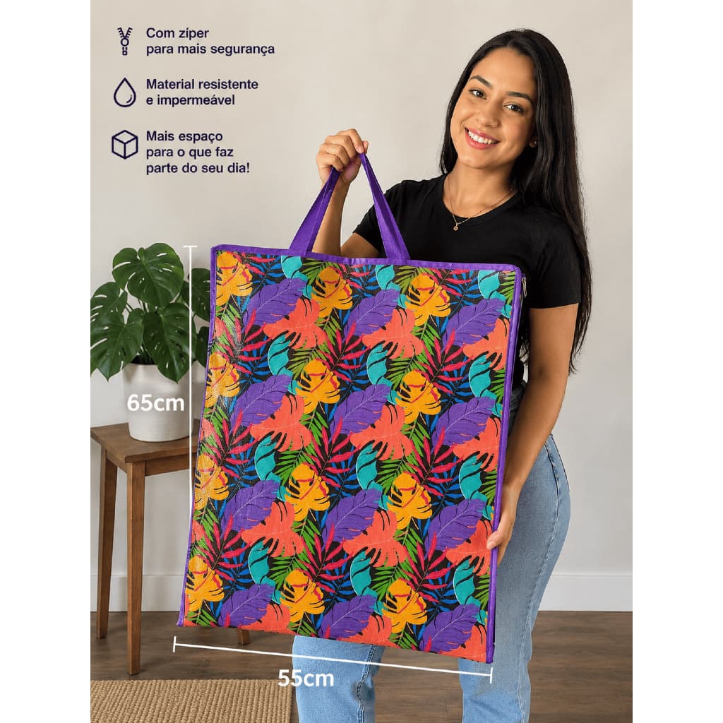 Sacola Bolsa Nylon Feira 55cm x 65cm Sacoleira Mudança com Zíper