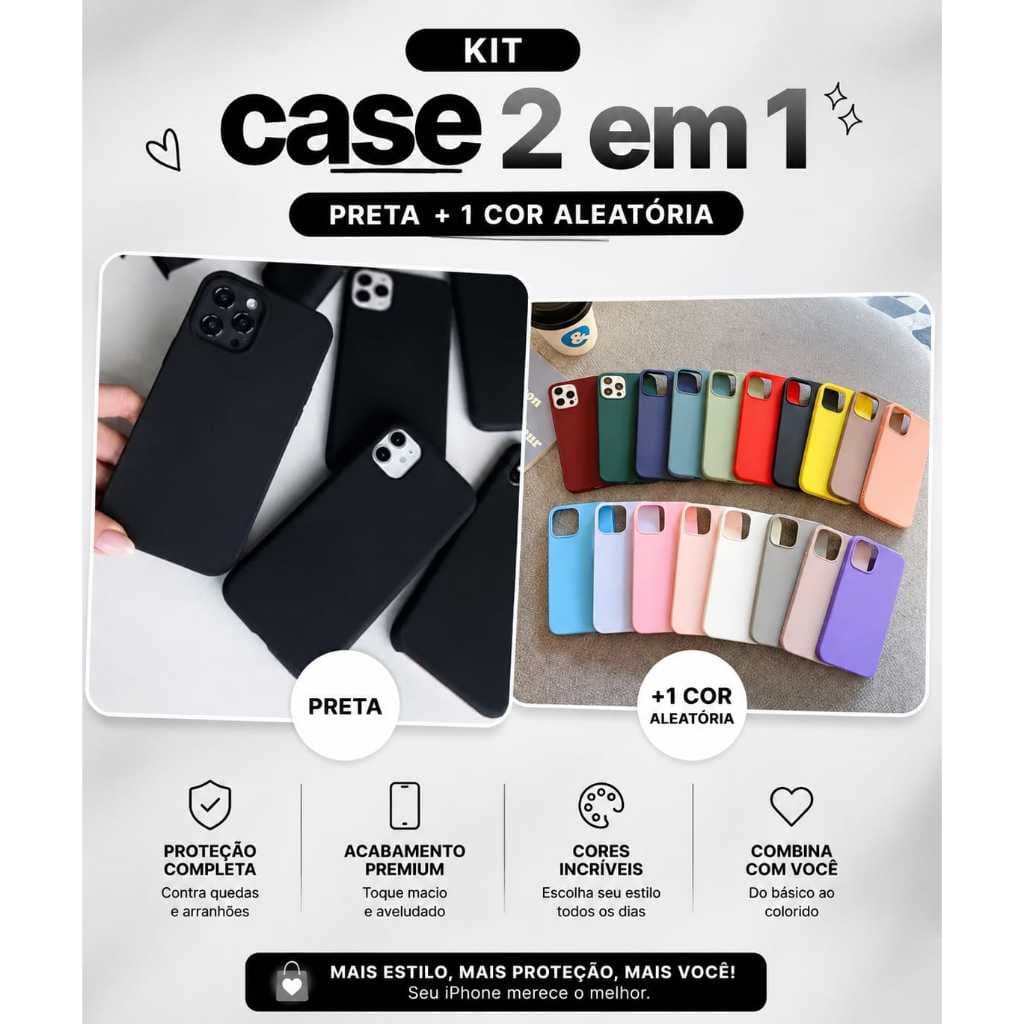 Kit Com 2 Case Colorida - 1 Unidade Case Preta + 1 Unidade de Cor Aleatória IPhone 11/12/13/14/15_ AMG