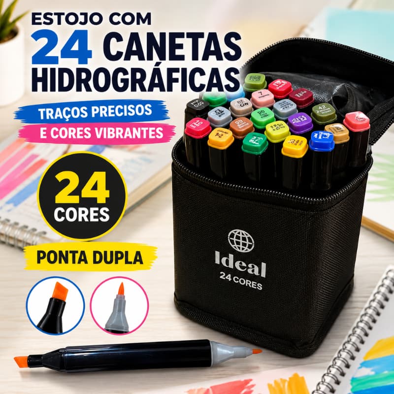 Estojo 24 Canetas Hidrográficas Colorir Ponta Fina Marcador Desenho Pintura Material Escolar