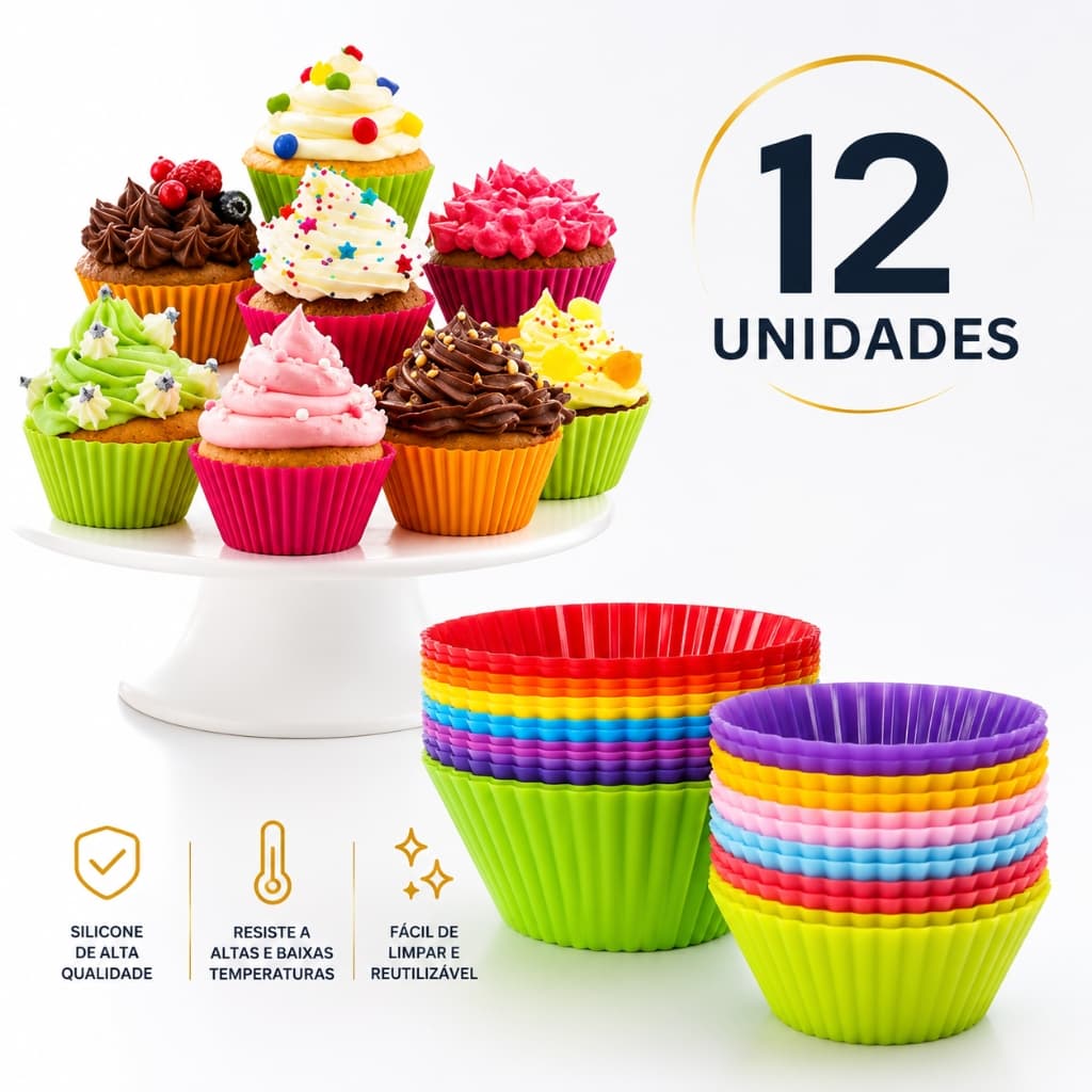 Kit Forma Cupcake Antiaderente com 12 Forminhas Silicone Muffin