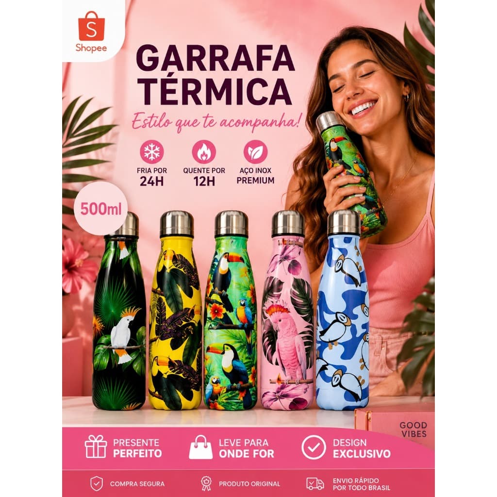 Garrafa Térmica Aço Inox Estampada floral  pássaros 500ml Academia Fitness