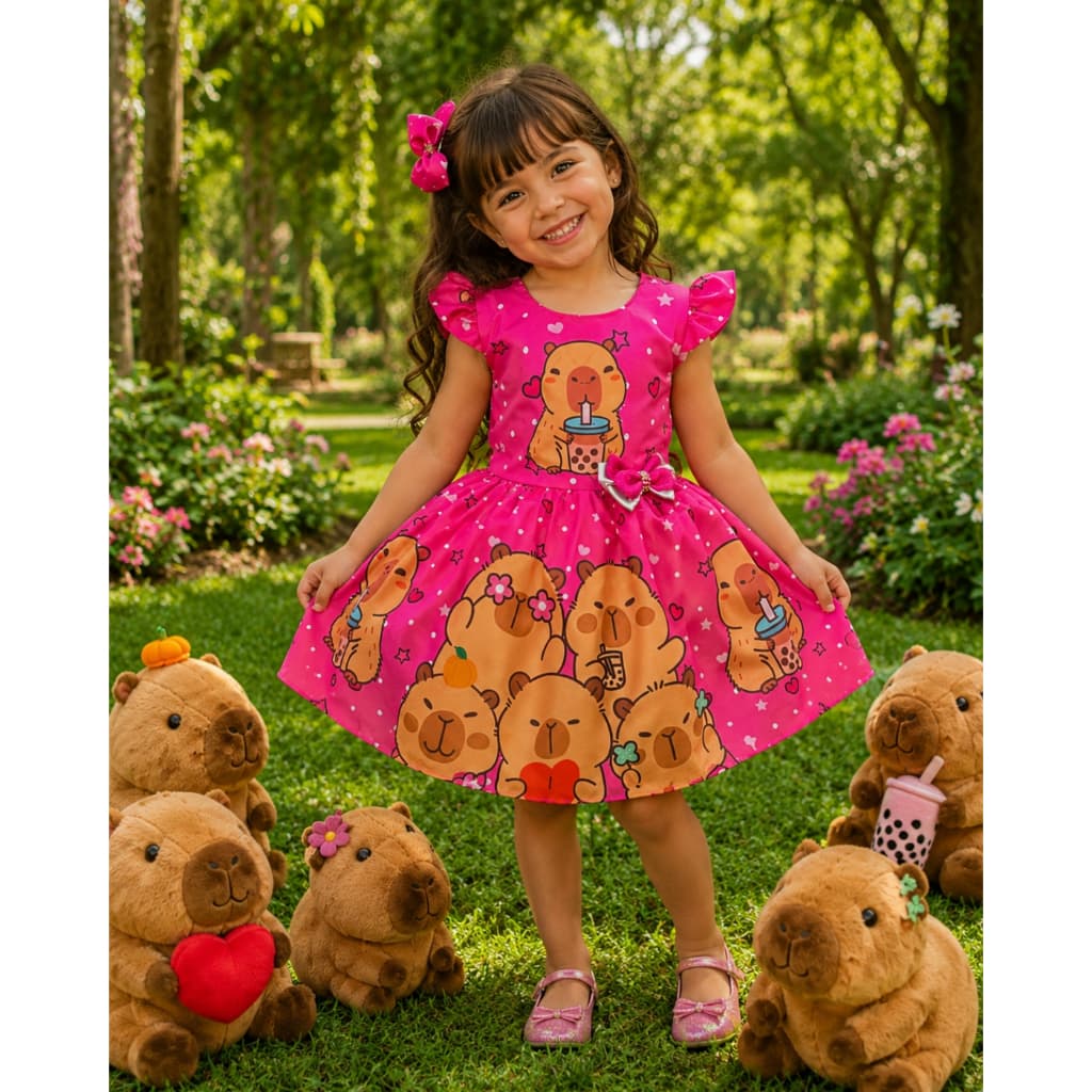 Vestido Infantil Capivaras Fofas Rosa Pink Festa Aniversário Meninas de 4 a 12 Anos