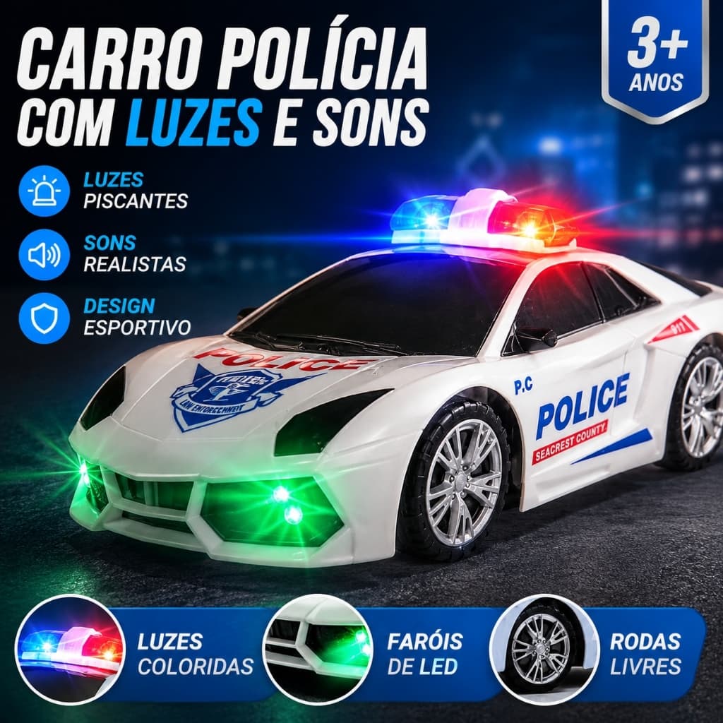 Carrinho Polícia Infantil 360° Bate e Volta com Som Luz LED Carro Brinquedo Menino