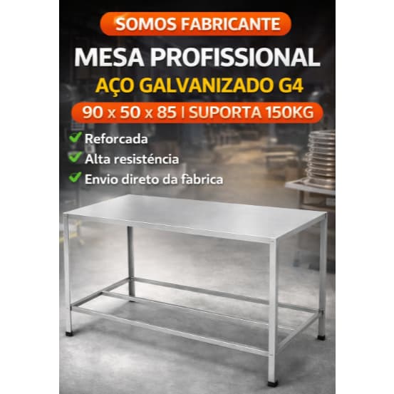 Mesa Profissional Aço Galvanizado G4 90x50x85 Reforçada - Cozinha Industrial Prateleiras Robusta