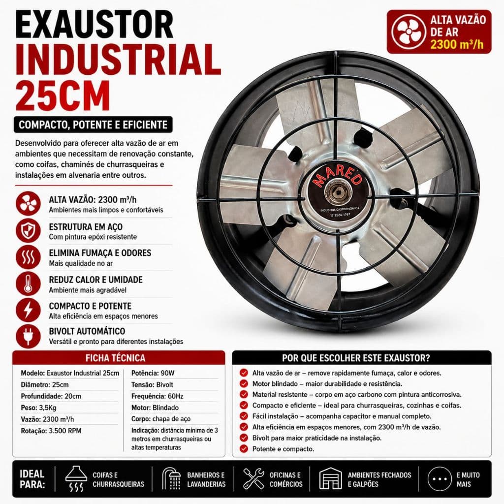 Exaustor 25cm Alta Vazão Para Churrasqueira Bivolt Profissional