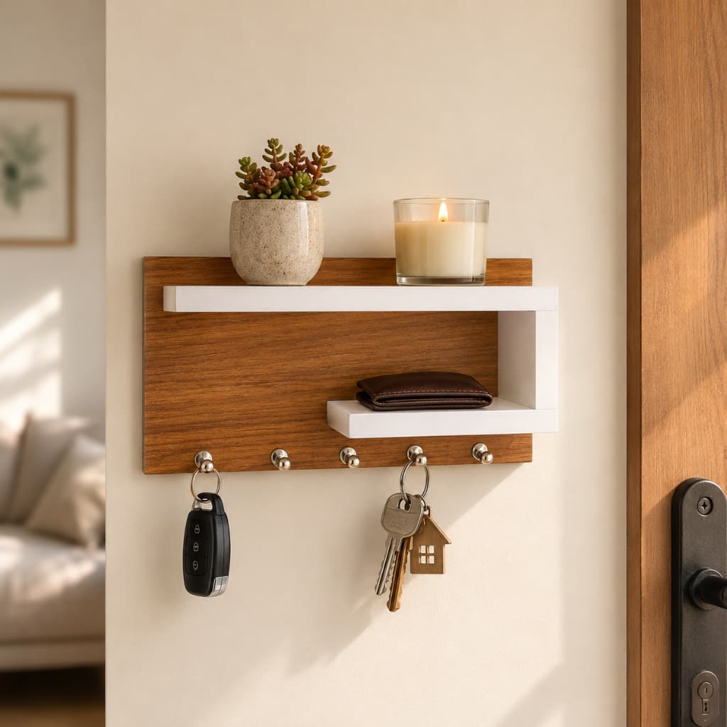 Porta Chaves Decorativo de Parede com Prateleira Organizador MDF Moderno Entrada Casa
