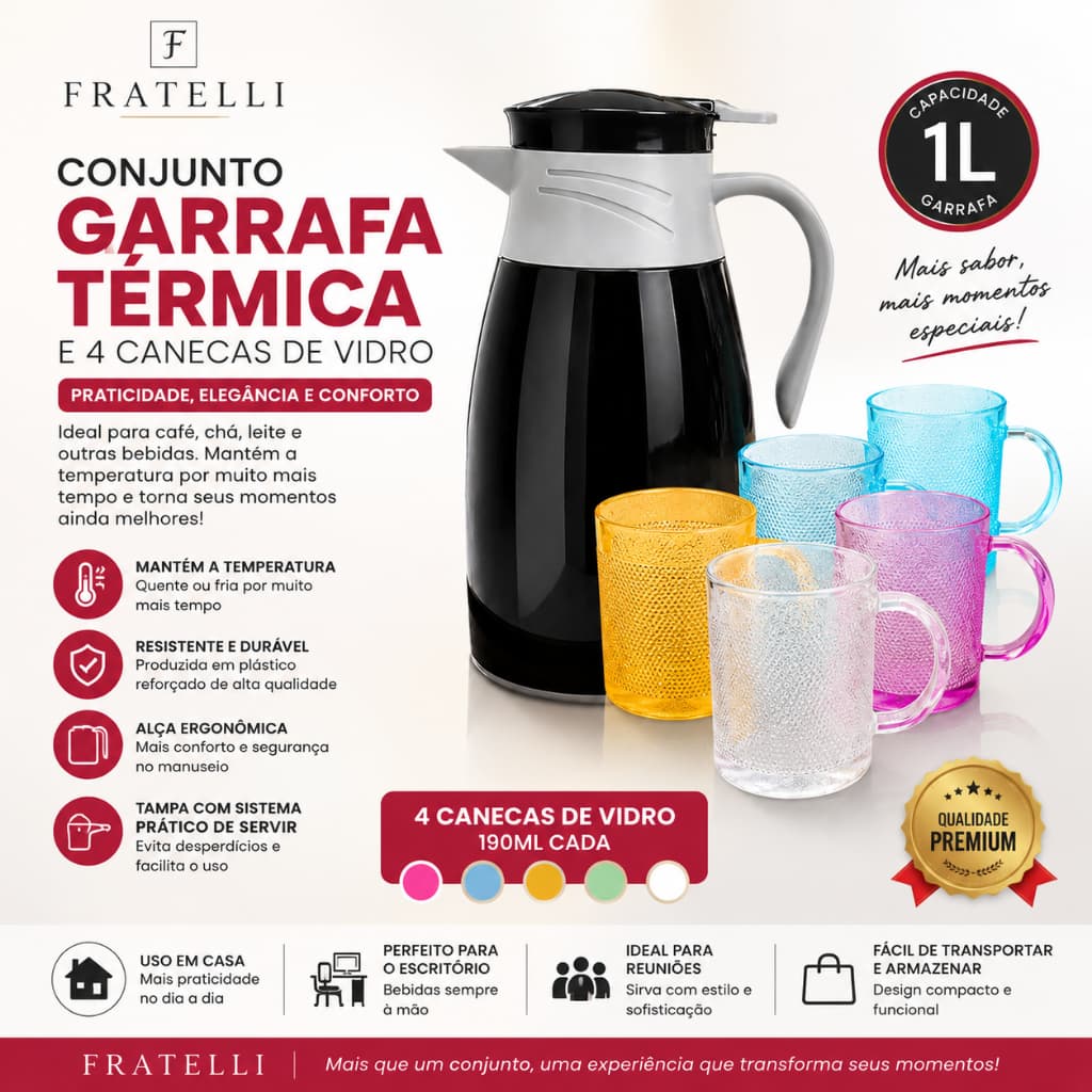 Garrafa Térmica Café Kit com 4 Xícaras Coloridas Quente Frio 1L FRATELLI™  | Kit Café Luxo Preto