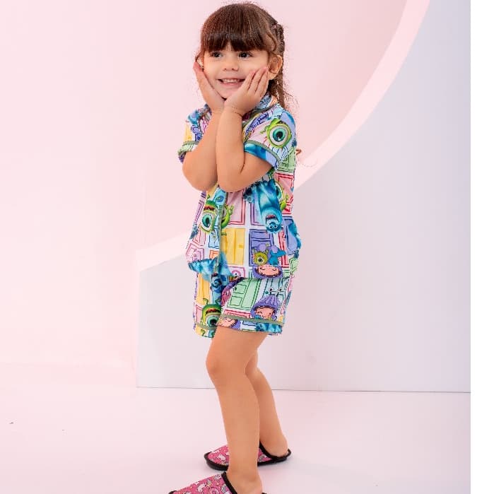 Pijama Infantil Americano Menina Botões Curto Confortável Feminino Conjunto LF032