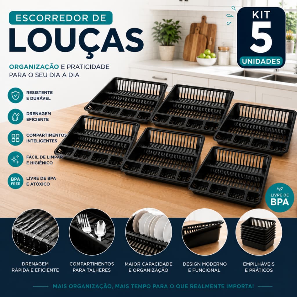 Kit 5 Escorredor de Louças Plasmarc Grande BPA Free Organizador de Cozinha Drenagem Rápida
