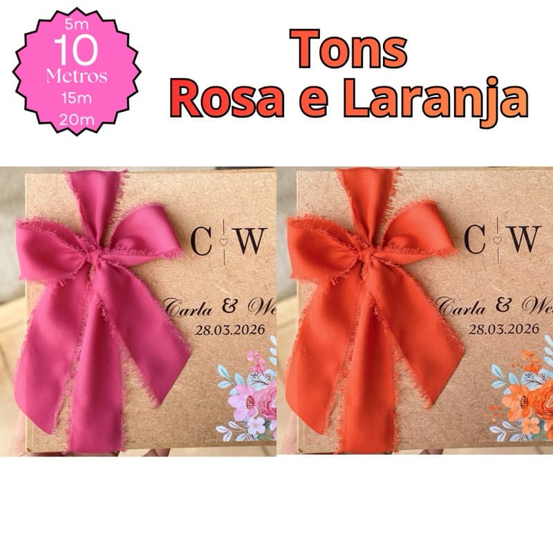 Fita Chiffon Rosa/Laranjado Artesanal Rústica Desfiada para casamentos, caixas padrinhos, festas