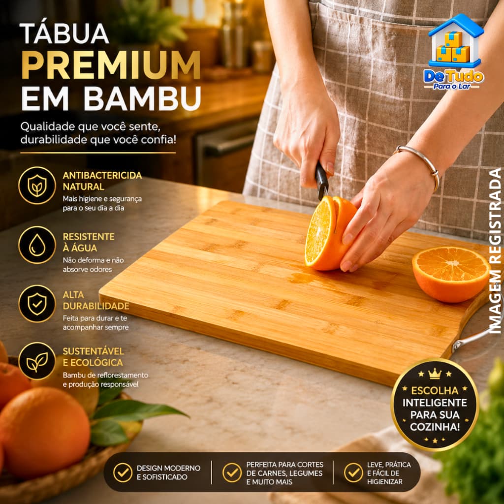 Tábua Bambu Alça Corte Cozinha Churrasco Masterchef Antibactericida Grande 36x26cm