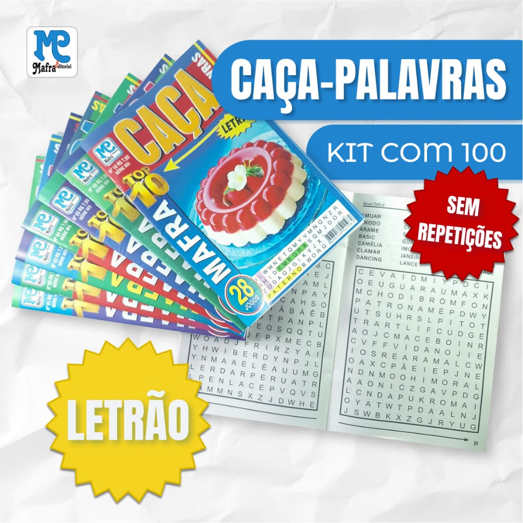 Kit 100 Unidades Livros Caça-Palavras Com Letras Grandes Letrão - Sem Repetição