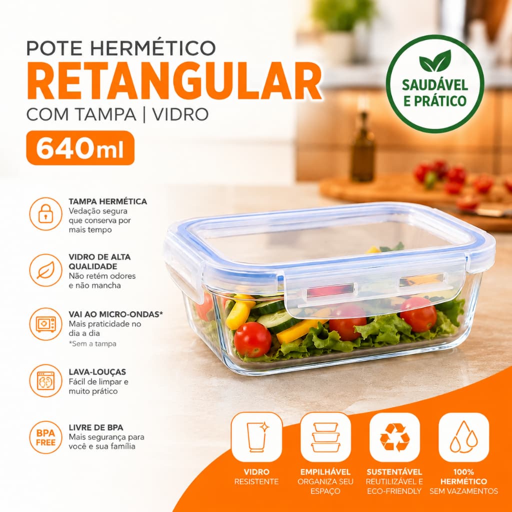 Pote Hermetico Retangular Tampa Vidro Vedacao Segura 640ml Armazenamento Alimentos