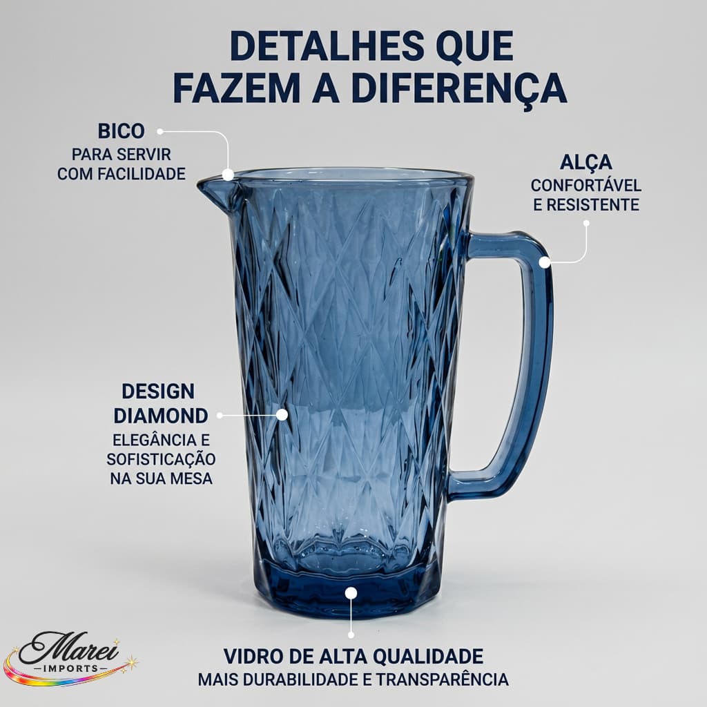 Jarra De Vidro Diamond 1,2L Para Água Suco Drinks Bico Jaca Diamante Abacaxi Transparente
