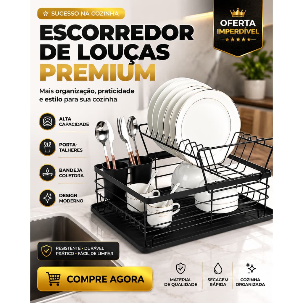 Escorredor de Louças 2 Andares Preto Fosco Premium com Porta-Talheres, Bandeja Coletora e Alta Capacidade