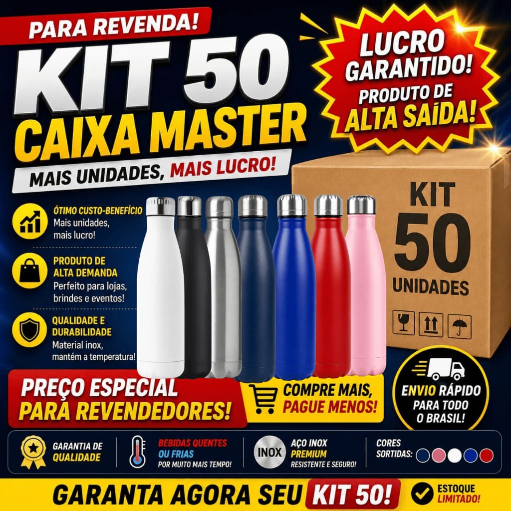 Kit 50 Garrafa Térmica Boliche 500ml Inox Squeeze Caixa Atacado Revenda Clássica Trabalho Academia
